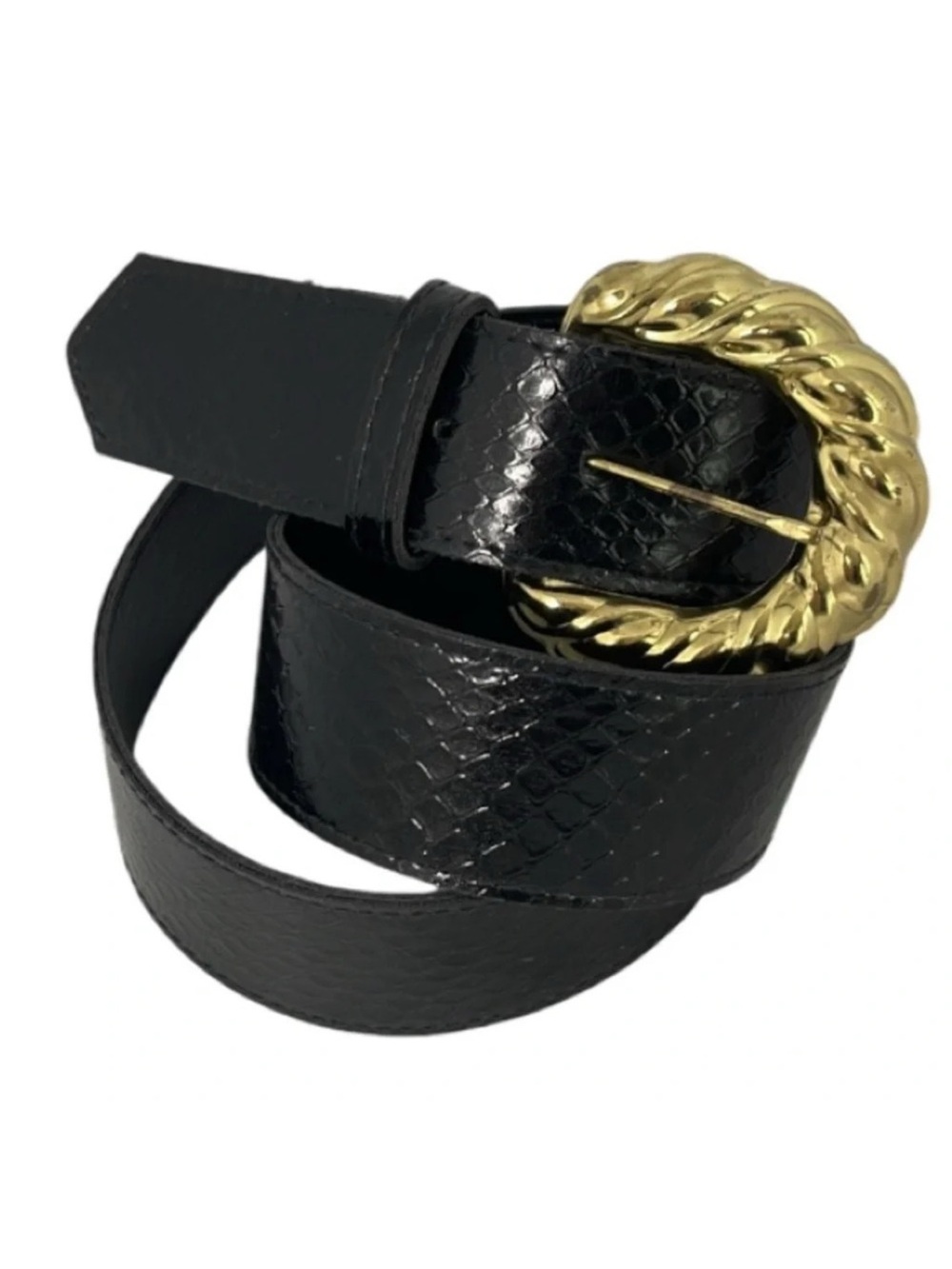 VINTAGE 90’s Reptile Embossed Belt Gold Toned Rounded Buckle Vegan Leather 14